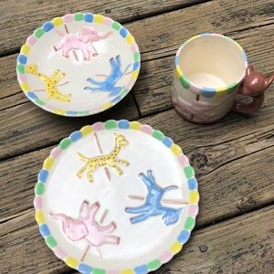 Vintage Child Ceramic Cup, Bowl, Plate -  Handmade Handpainted Carousel -Decor